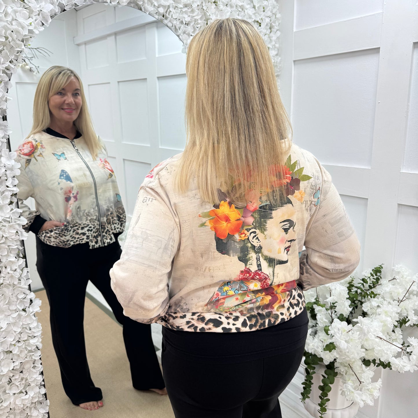 Evelyn: Frida Kahlo print soft feel bomber jacket. One size: 16-20