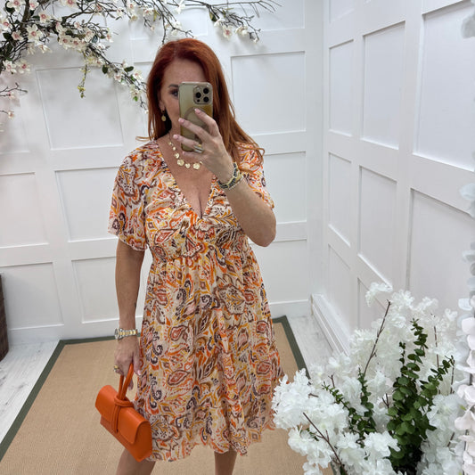 Hannah: Orange floral print V-Neck shirred midi. One size: 8-14