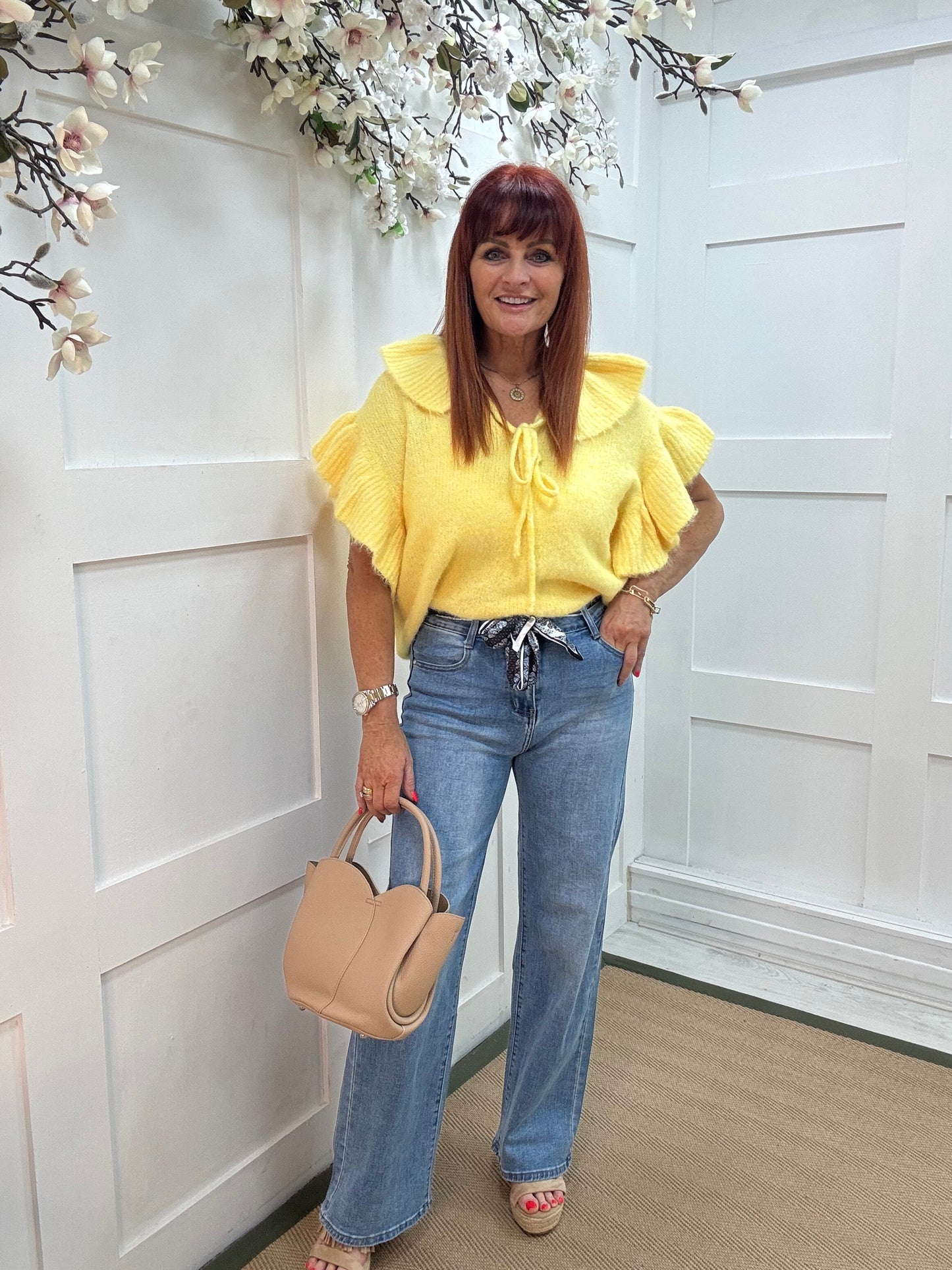 Jess: Washed denim high waist wide leg jeans. Sizes: 8-18