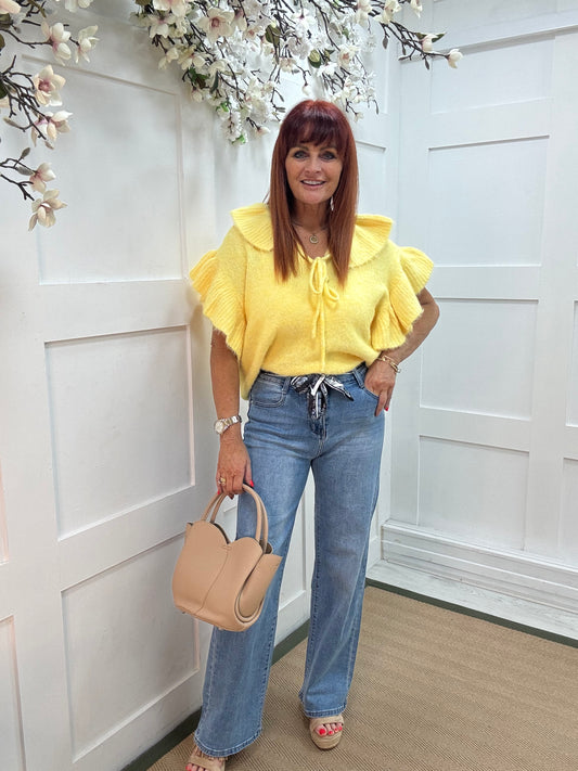 Jess: Washed denim high waist wide leg jeans. Sizes: 8-18