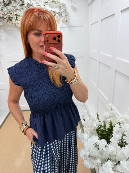 Farron: Frill sleeve shirred top. One size: 10-16. 5 colours