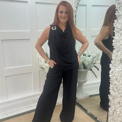 Melissa: Black cowl neck top & trouser co-ord set. One size: 12-18