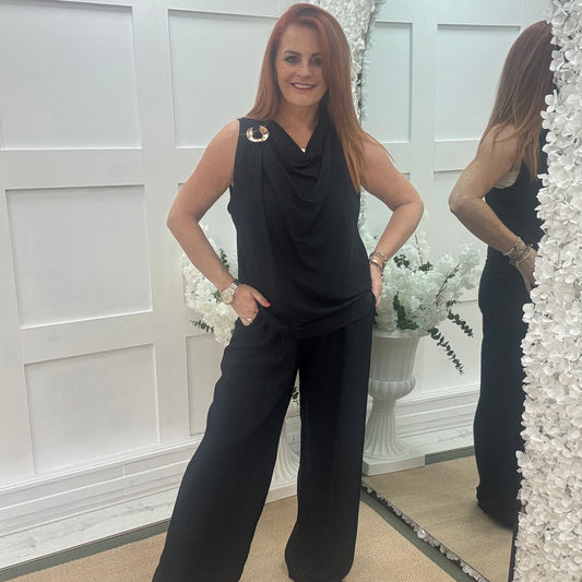 Melissa: Black cowl neck top & trouser co-ord set. One size: 12-18