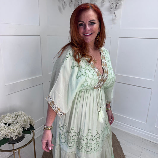 Zara: Mint green embroidered maxi dress. One size: 12-18