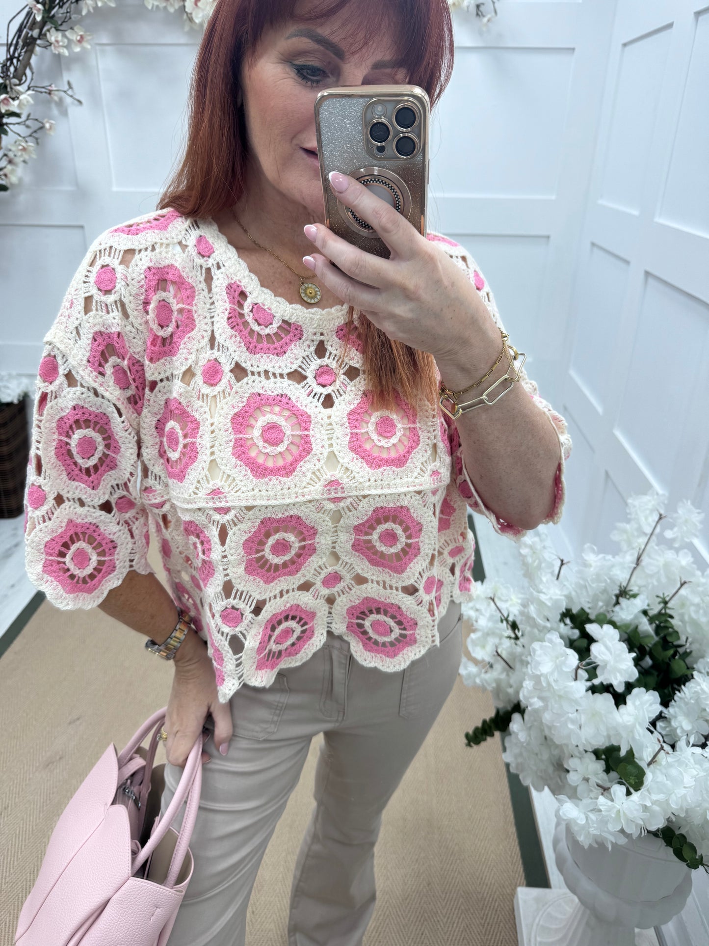 Candy: Pink and cream short crochet top. One size: 12-16