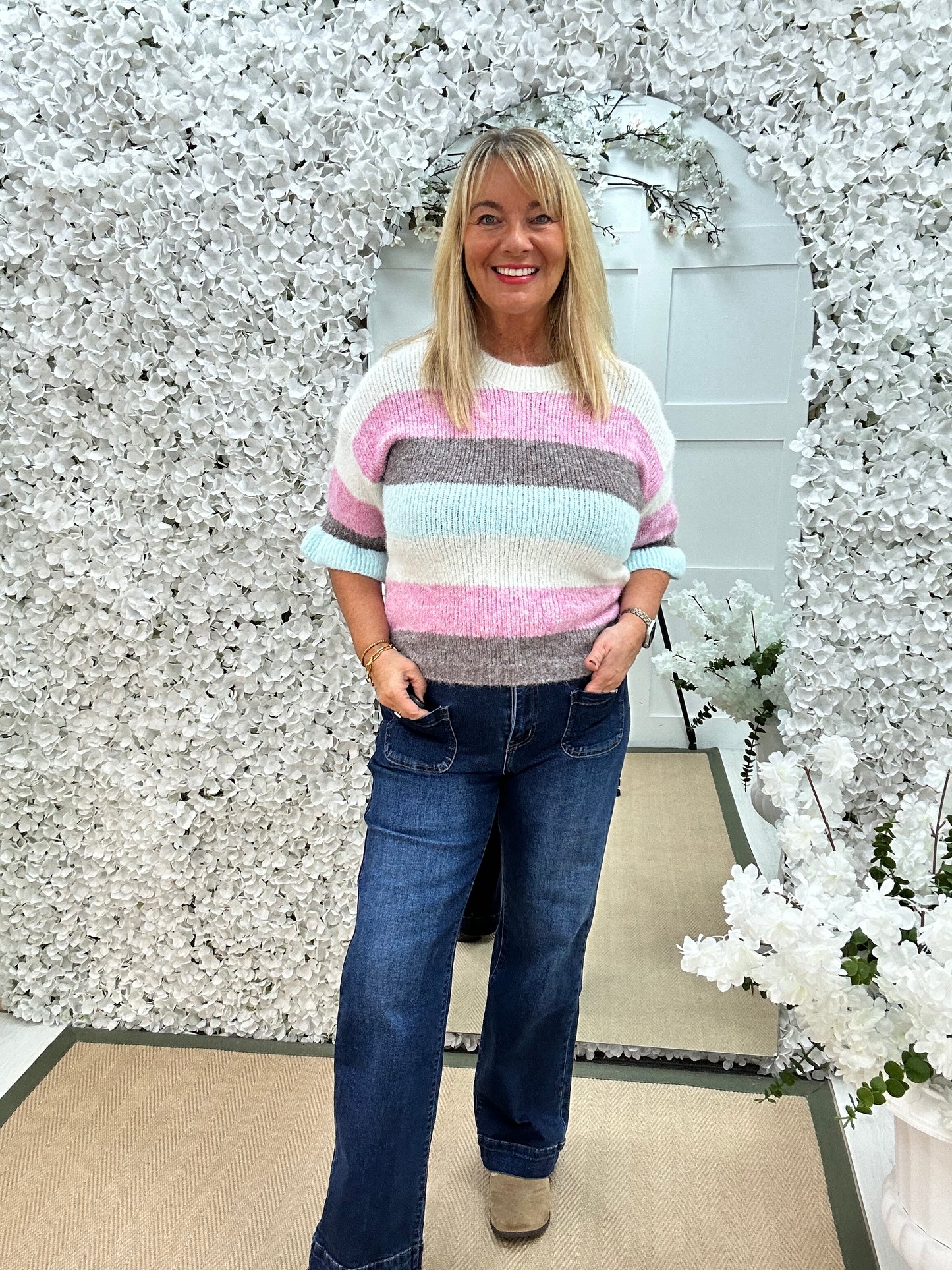 Bloom: Cream stripe knit. One size 14-18