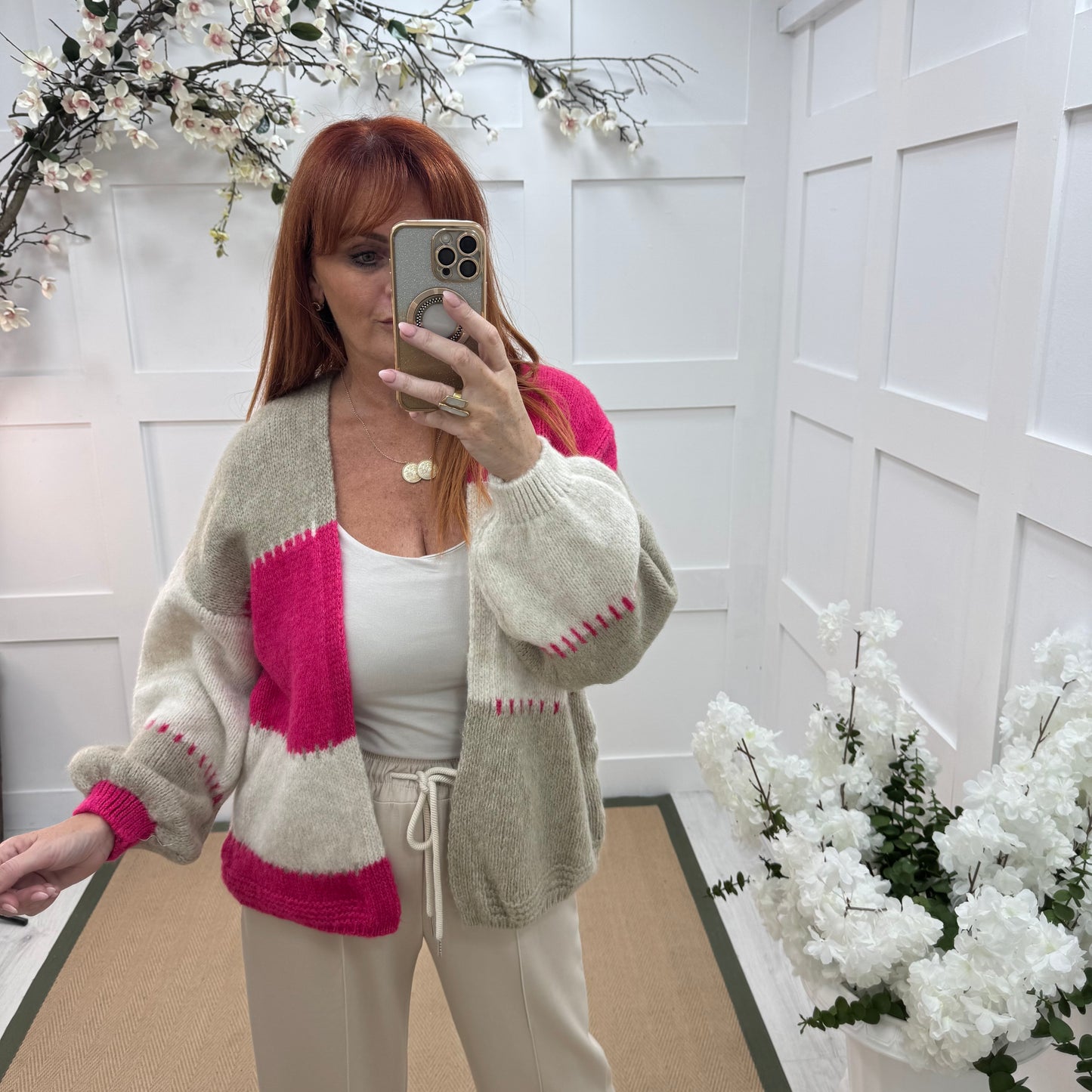 Honey: Pink stripe slouch soft knit cardigan. One size 10-18