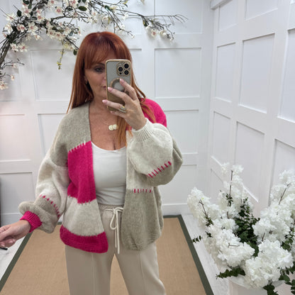 Honey: Pink stripe slouch soft knit cardigan. One size 10-18