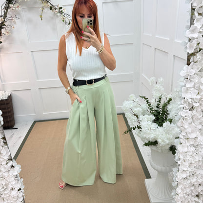 Zina: Mint green pocket wide leg trousers. One size: 8-14