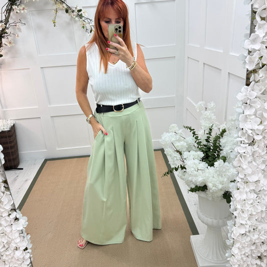 Zina: Mint green pocket wide leg trousers. One size: 8-14