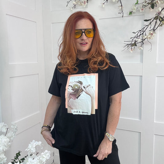 Lydia: Black beaded lady T shirt. 3 sizes