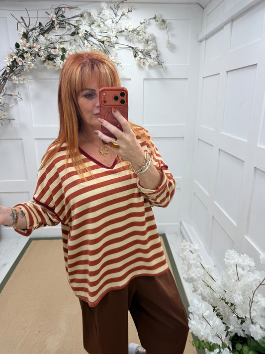 Eloise: 3/4 sleeve stripe V neck top. One size: 12-18. 4 colours