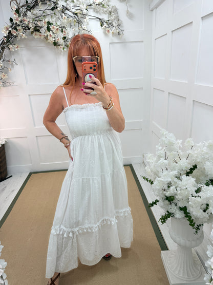 Bobbi: Broderie Anglaise strappy midi dress. One size: 10-16. 2 colours