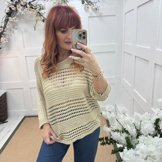 Kim: Gold stretchy lurex open knit top. One size: 10-18