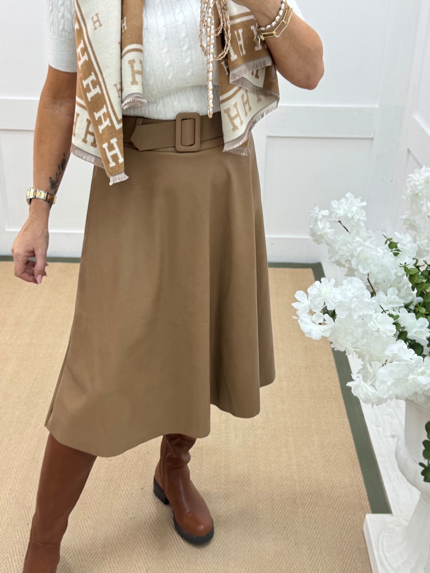 Kendra: Sand faux leather belted skirt. One size: 8-12