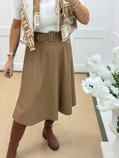 Kendra: Sand faux leather belted skirt. One size: 8-12