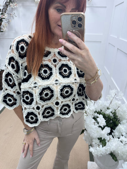 Candy: Black and cream short crochet top. One size: 12-16