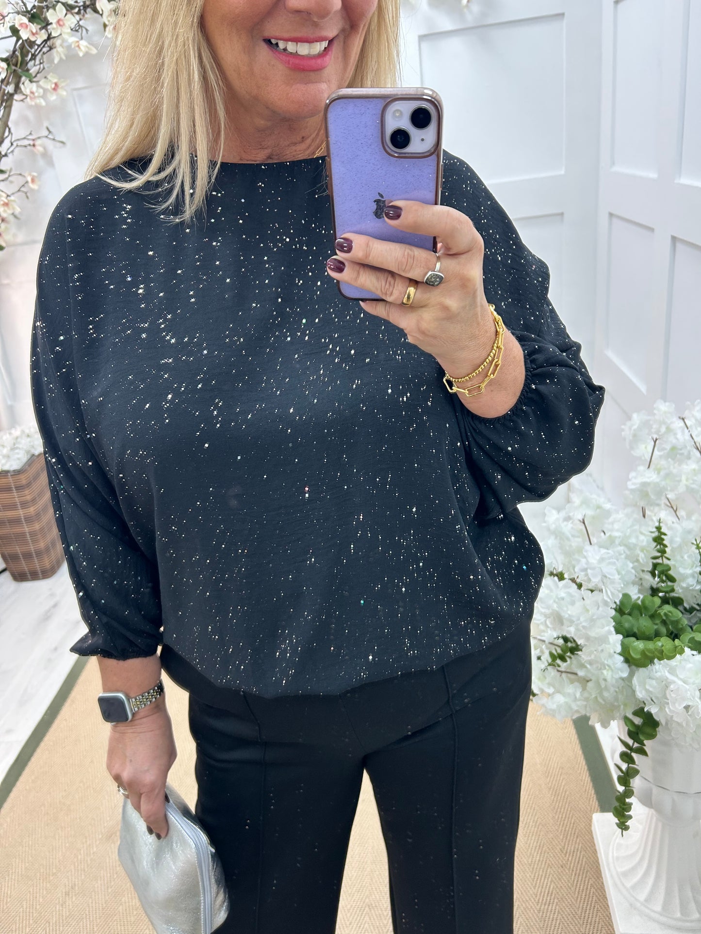 Aura: Black sparkle elastic hem top. One size: 14-18