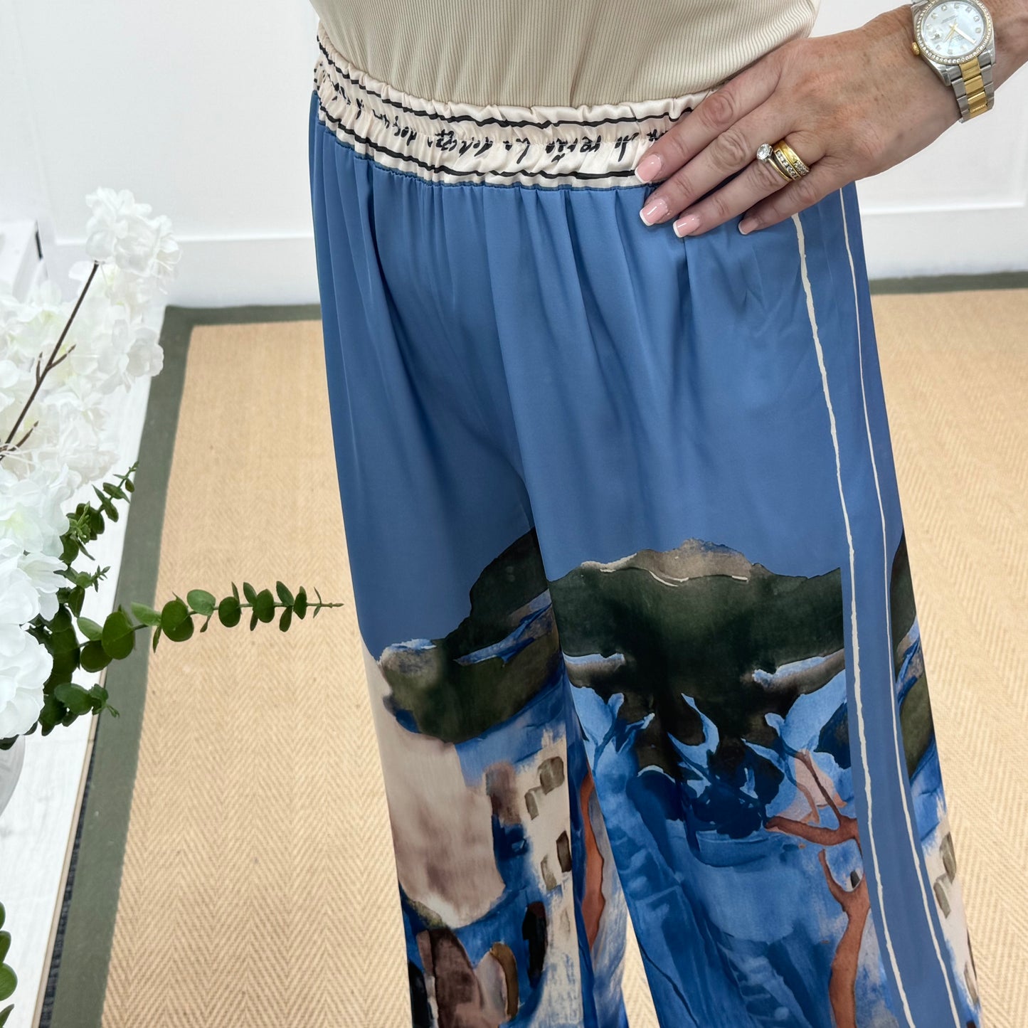 Sophia: Blue silk Amalfi wide leg trousers. One size: 10-16