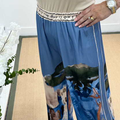 Sophia: Blue silk Amalfi wide leg trousers. One size: 10-16