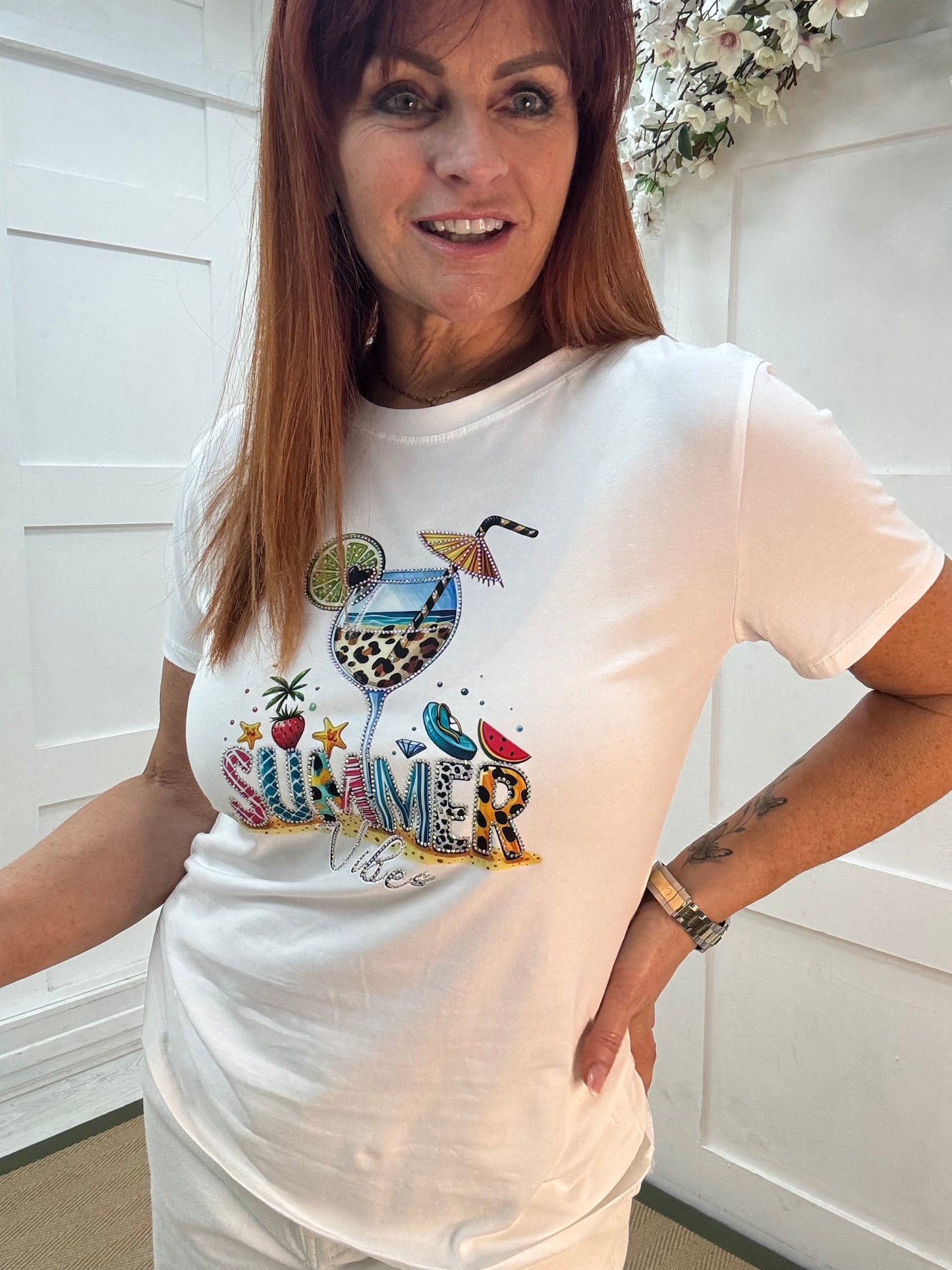 Vanessa: Diamanté “summer vibes” T shirt. 2 sizes