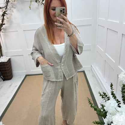 Kelsey: Stone jacket & trouser co-ord set. One size: 14-20/22