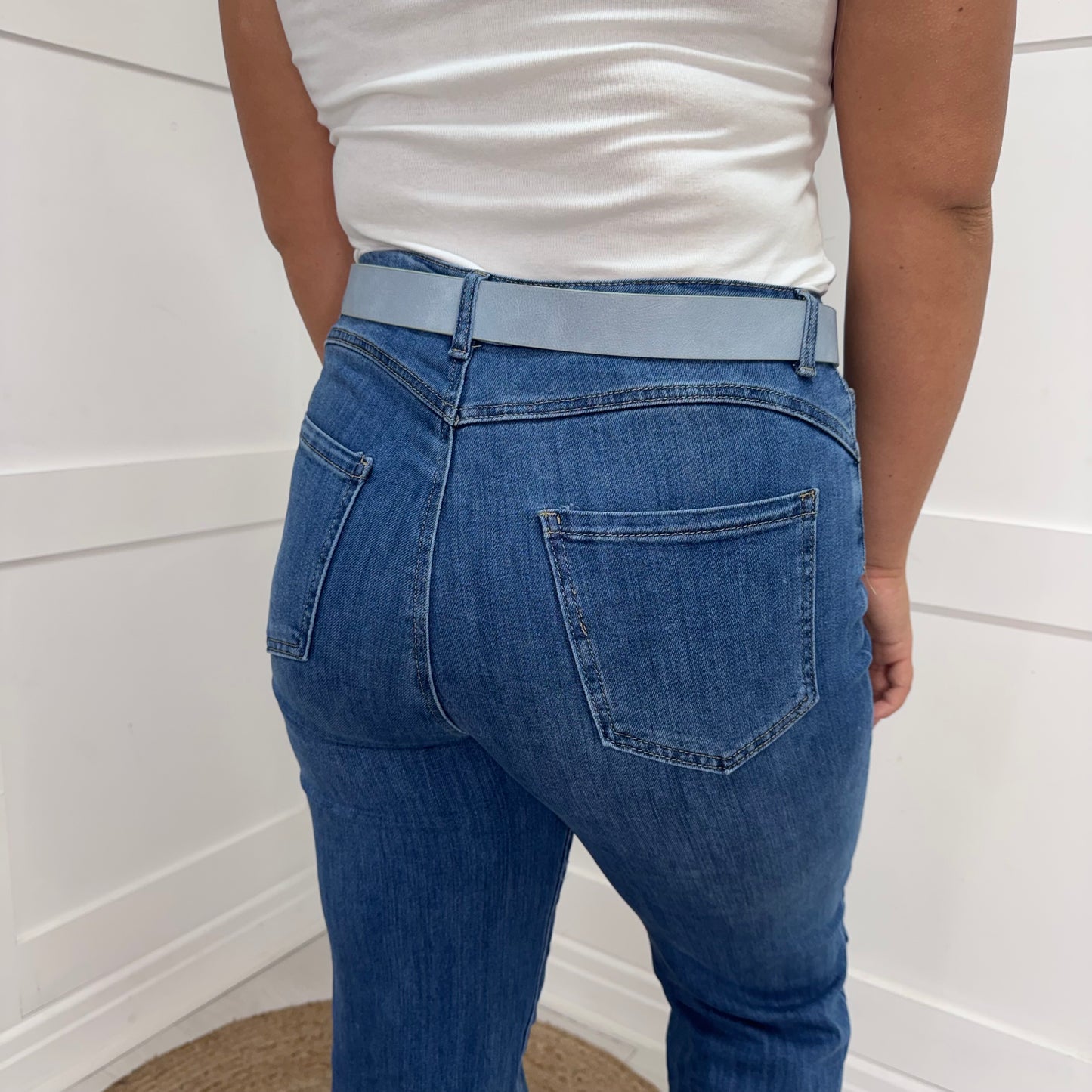 Paloma: Mid blue wide leg stretchy jeans. Sizes: 14-20