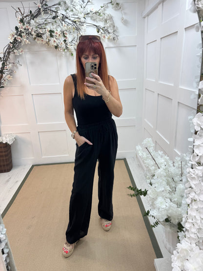 Tori: Black cotton wide leg trousers. One size: 8-16