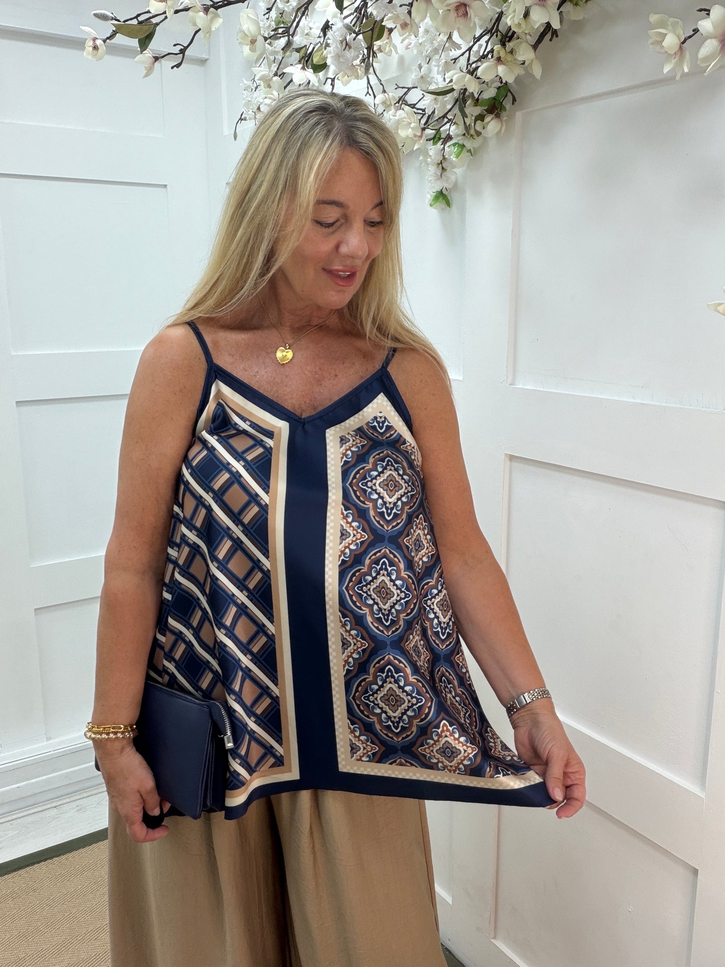 Tilly: Silky geometric printed V neck top. One size 10-16. 3 colours