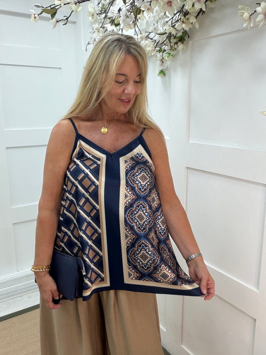 Tilly: Silky geometric printed V neck top. One size 10-16. 3 colours