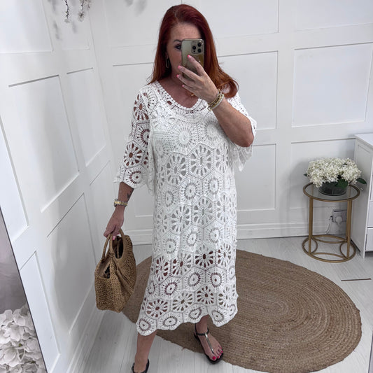 Alison: Long white crochet knit dress. One size: 12-20