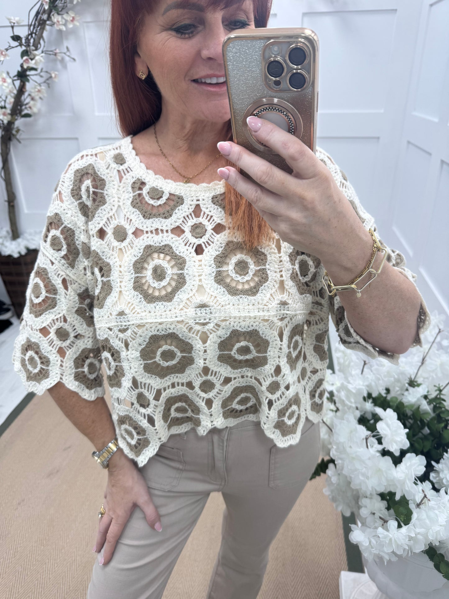 Candy: Mocha and cream short crochet top. One size: 12-16