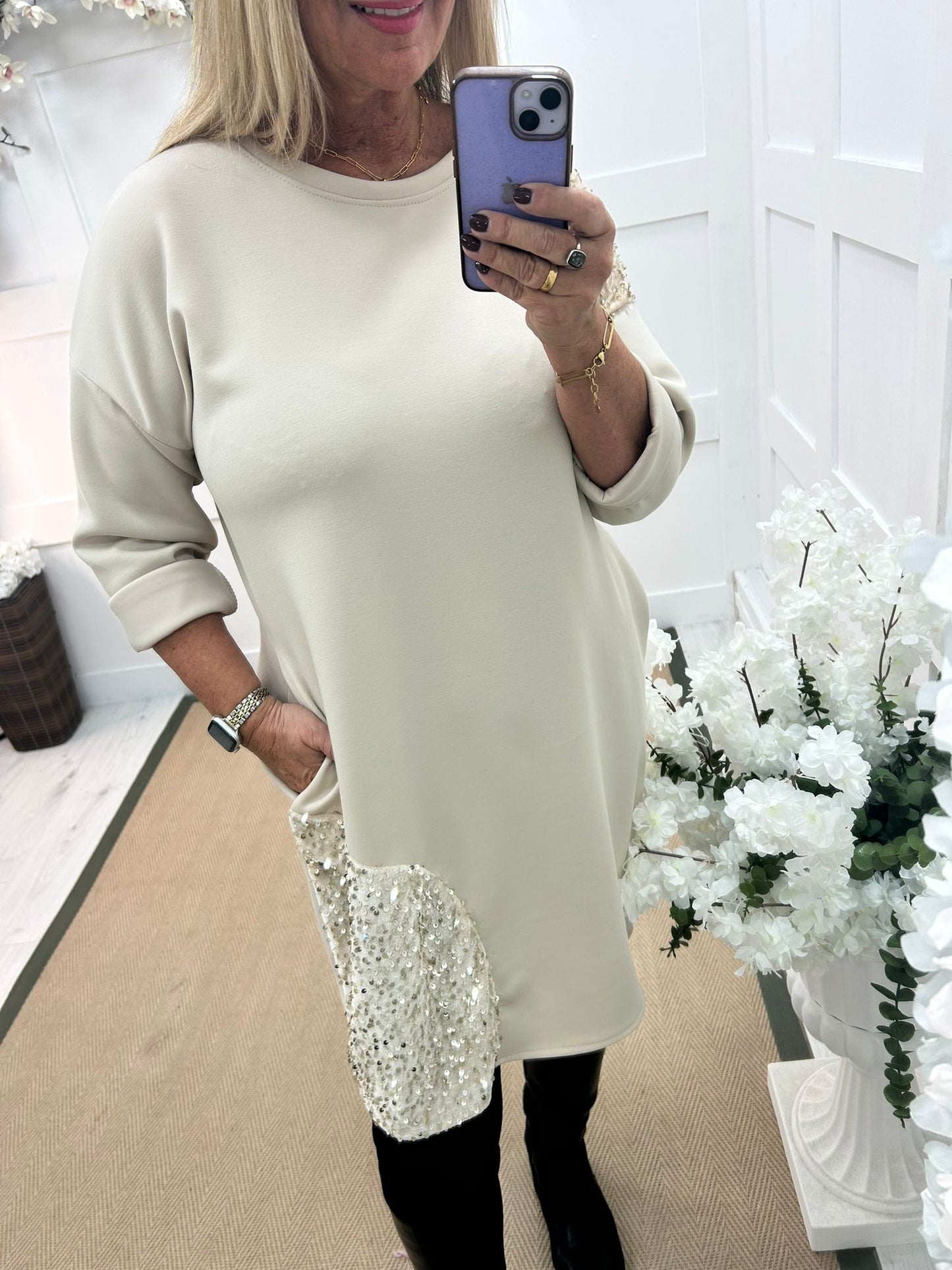 Noelle: Cream sparkle tunic top. One size: 16-20