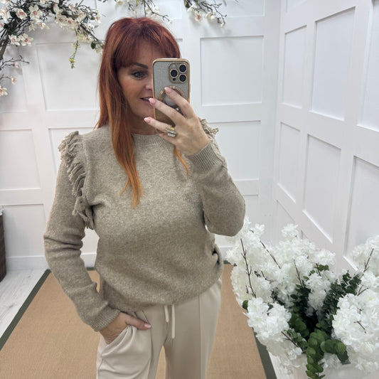 Carmel: Beige fringe knitted top. One size: 10-16