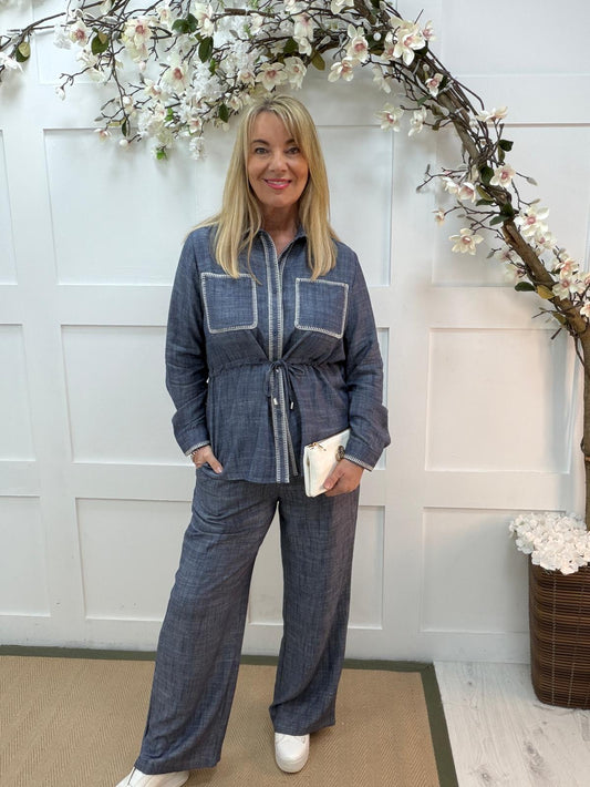 Poppy: Blue denim look shirt top & trouser set. 2 sizes.