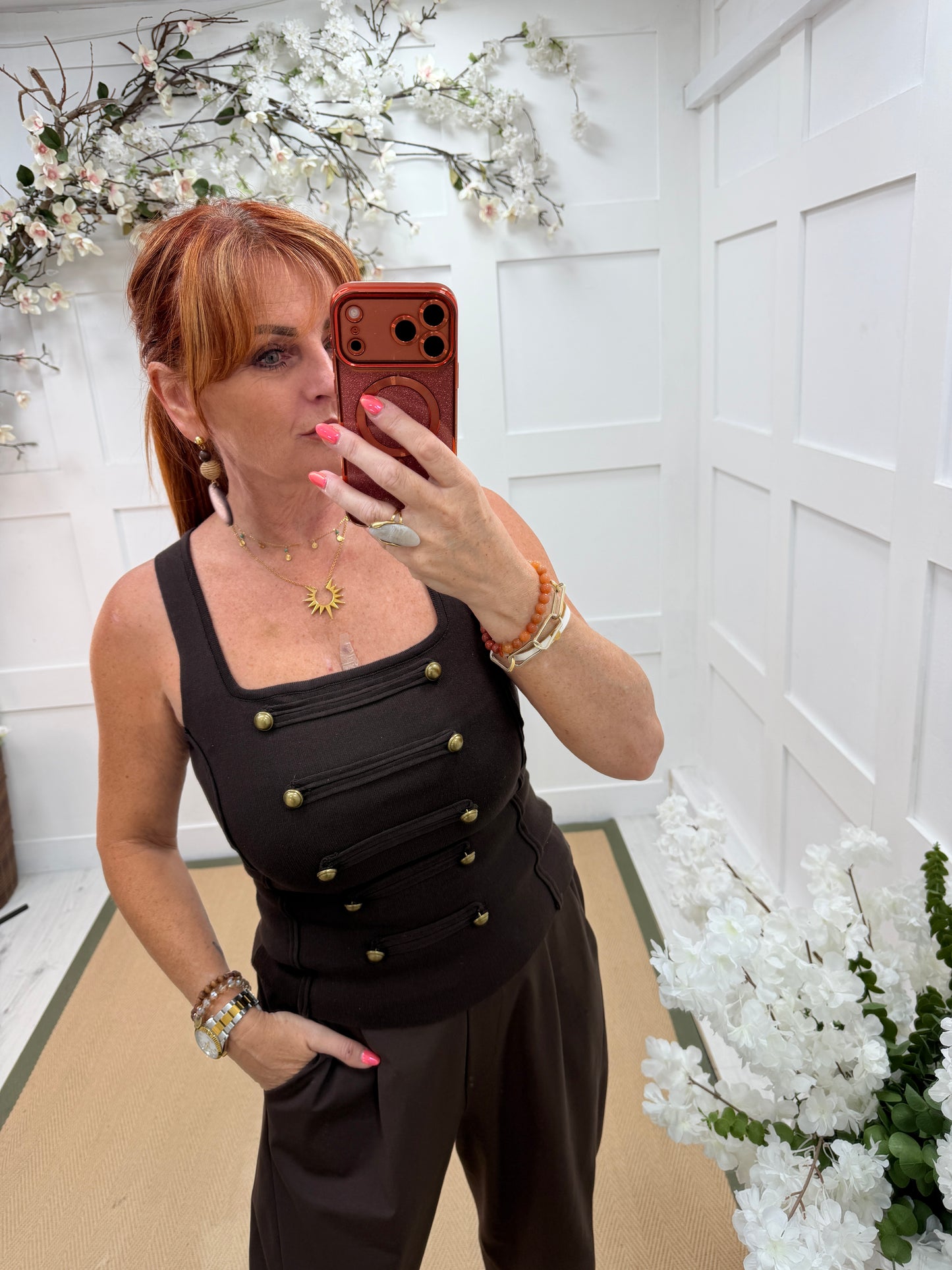 Remi: Brown military knit vest top. One size: 8-14