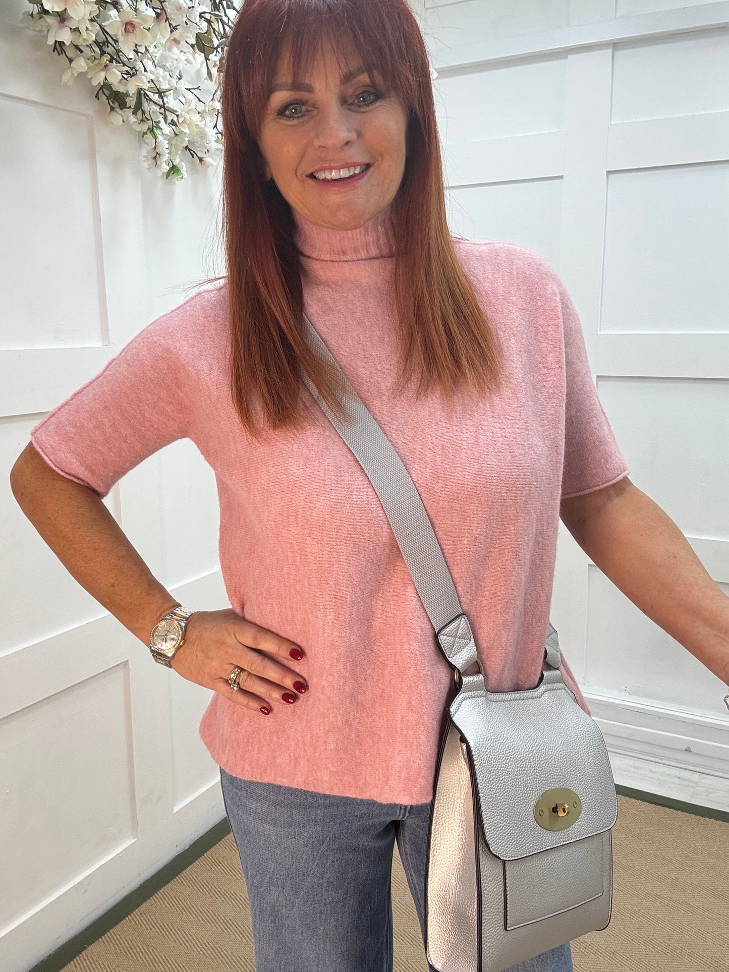 Goldie: Pink short sleeve knitted top. One size: 10-16