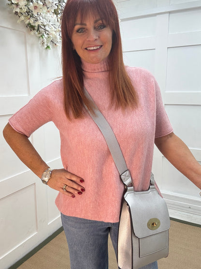 Goldie: Pink short sleeve knitted top. One size: 10-16