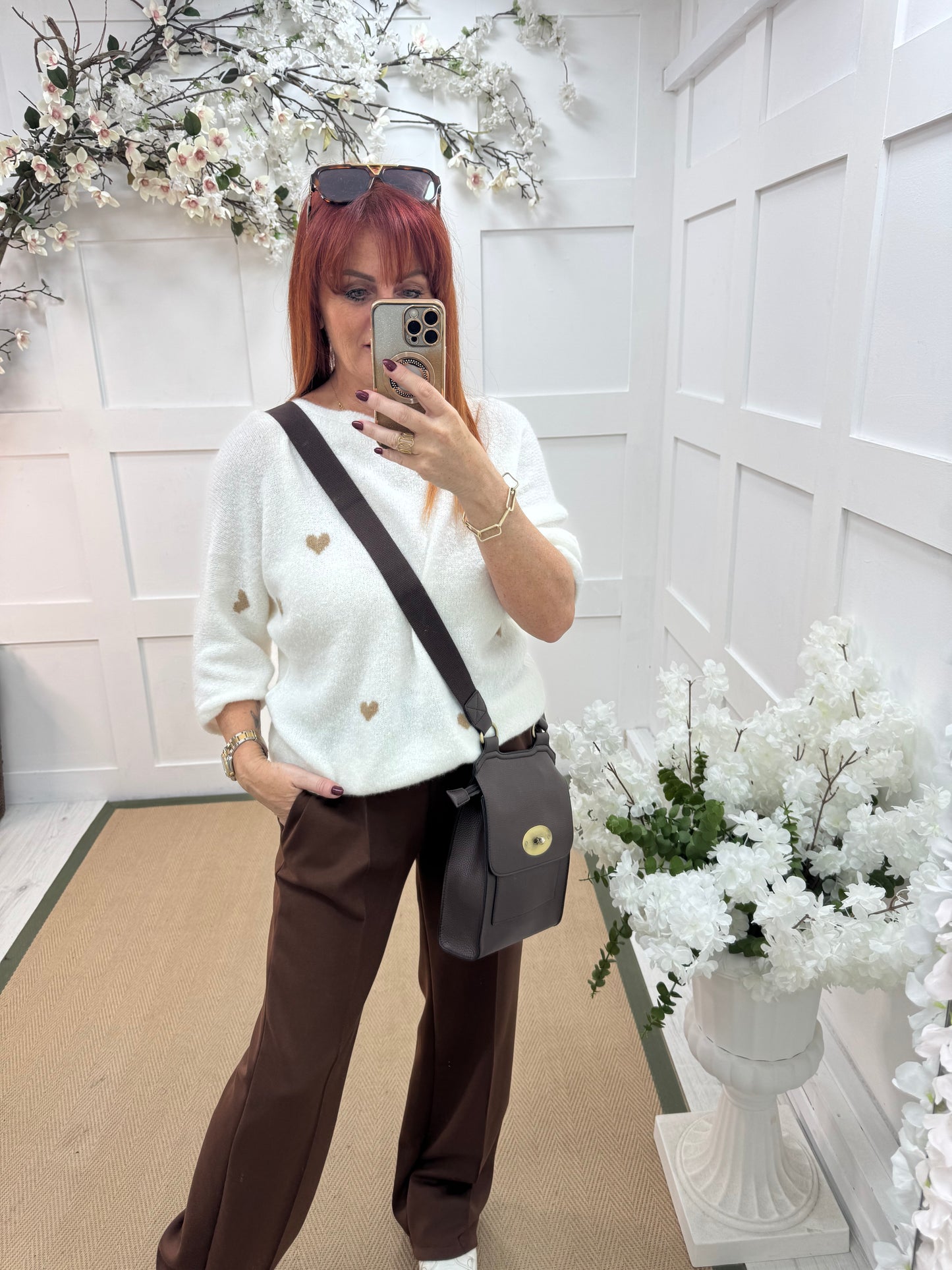 Eleanor: White and mocha heart wool top. One size: 12-18