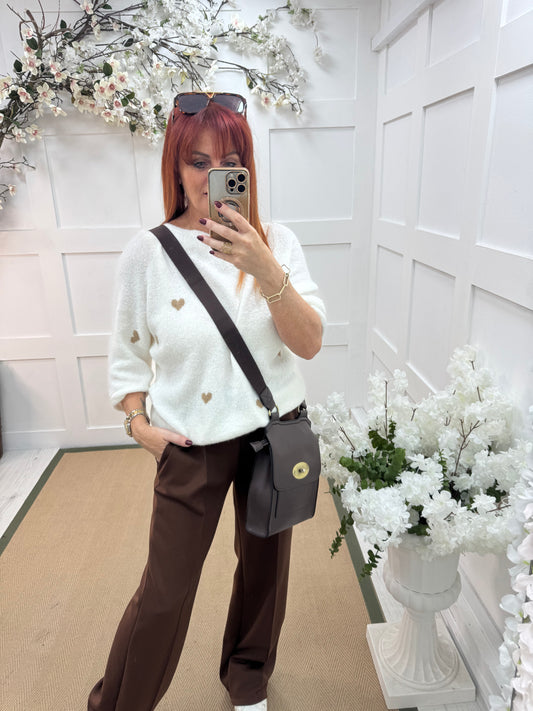 Eleanor: White and mocha heart wool top. One size: 12-18