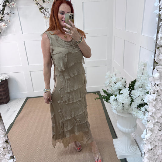 Alexa: Mocha silk layered ruffle dress. One size: 14-18