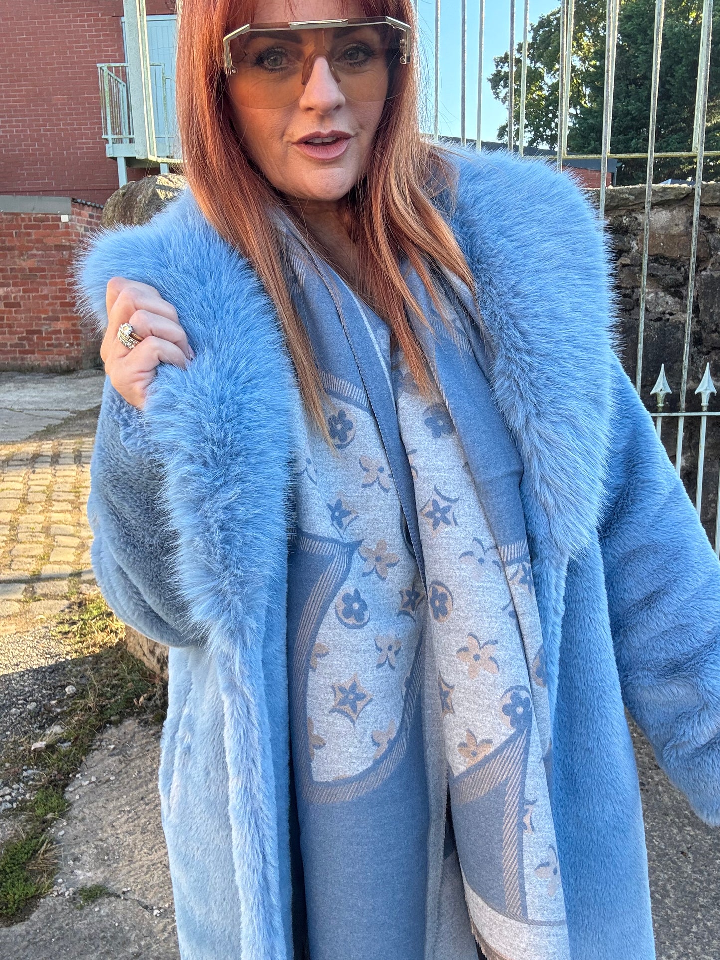Linden: Blue designer inspired fringed scarf