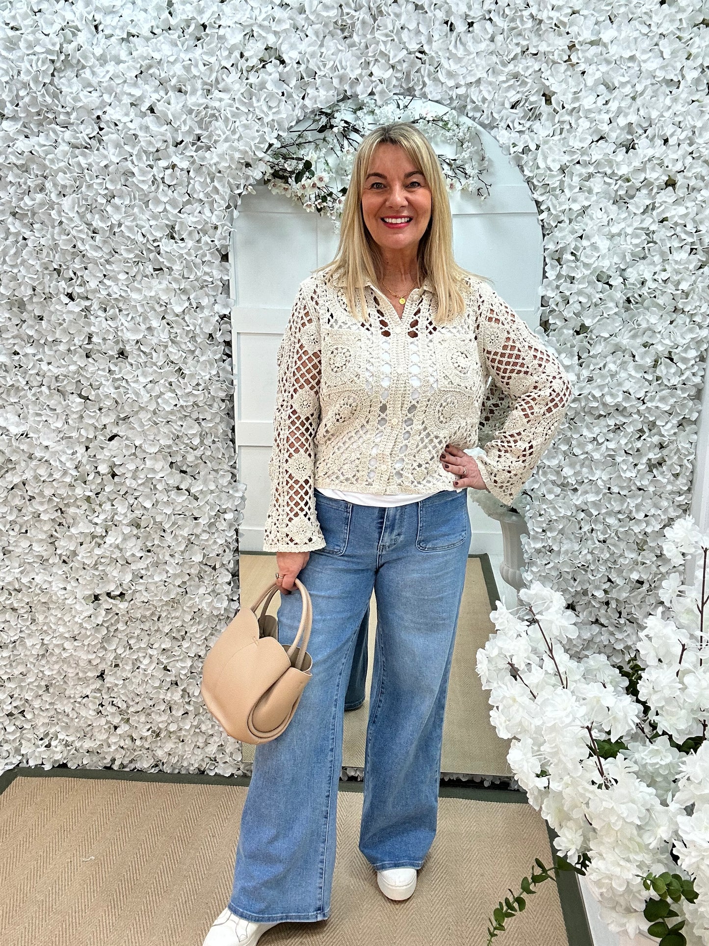 Lainey: Cream crochet shirt top. One size: 12-16