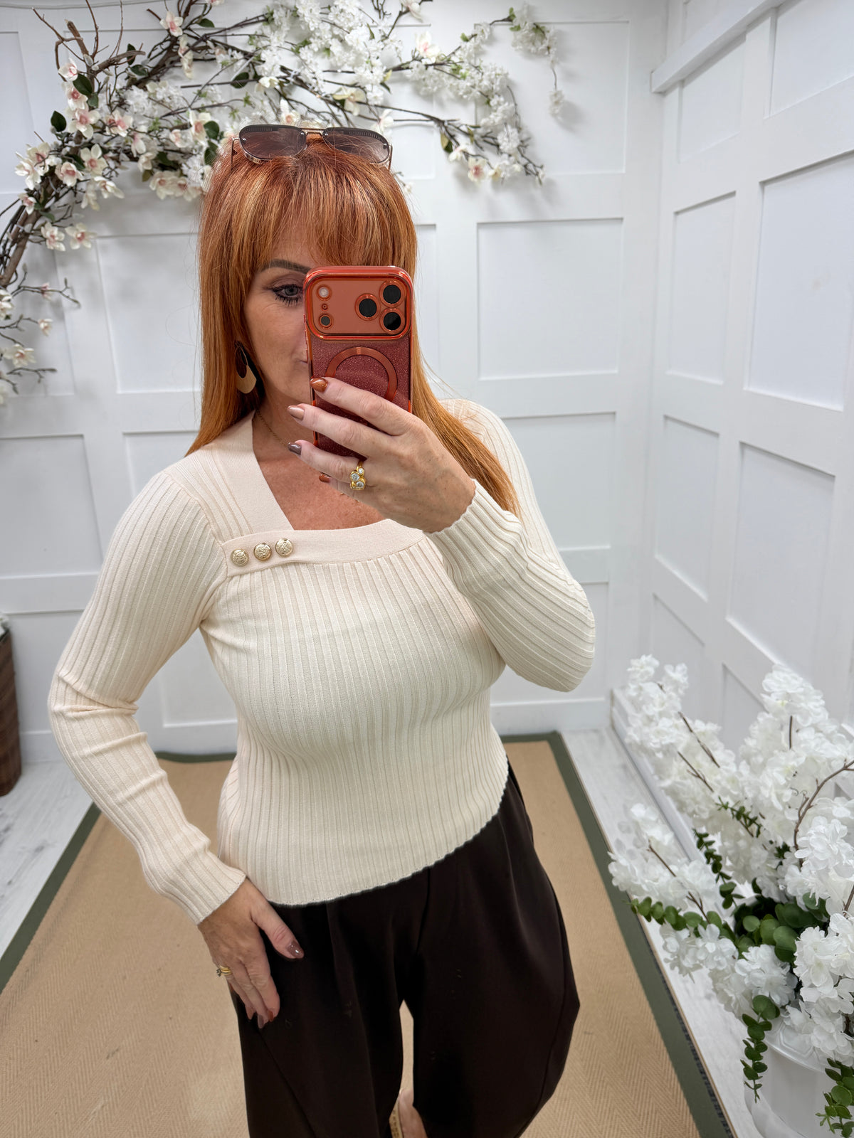 Camille: Ribbed gold button top. 2 sizes. 3 colours