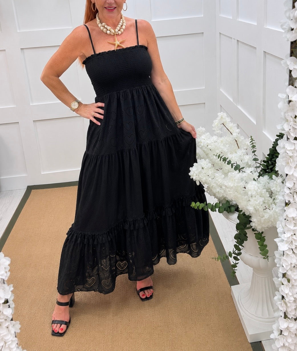 Bobbi: Broderie Anglaise strappy midi dress. One size: 10-16. 2 colours