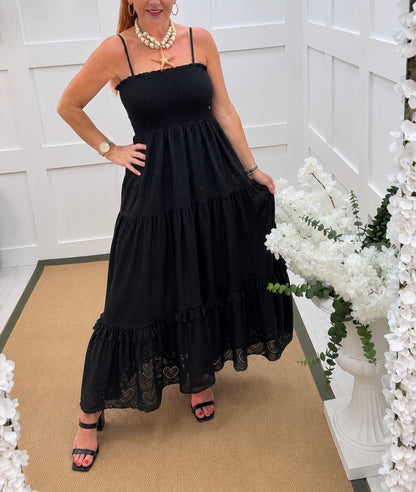 Bobbi: Broderie Anglaise strappy midi dress. One size: 10-16. 2 colours