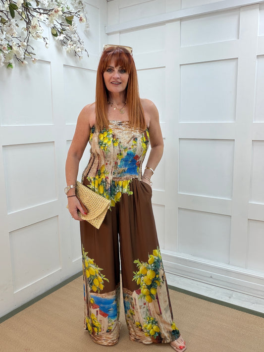 Tilly: Brown Italian print bandeau wide leg jumpsuit with pockets. One size: 12-16