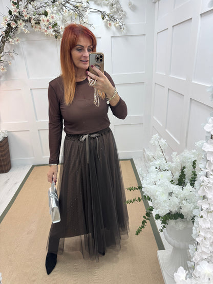 Linzi: Brown diamanté tulle net skirt. One size 12-18