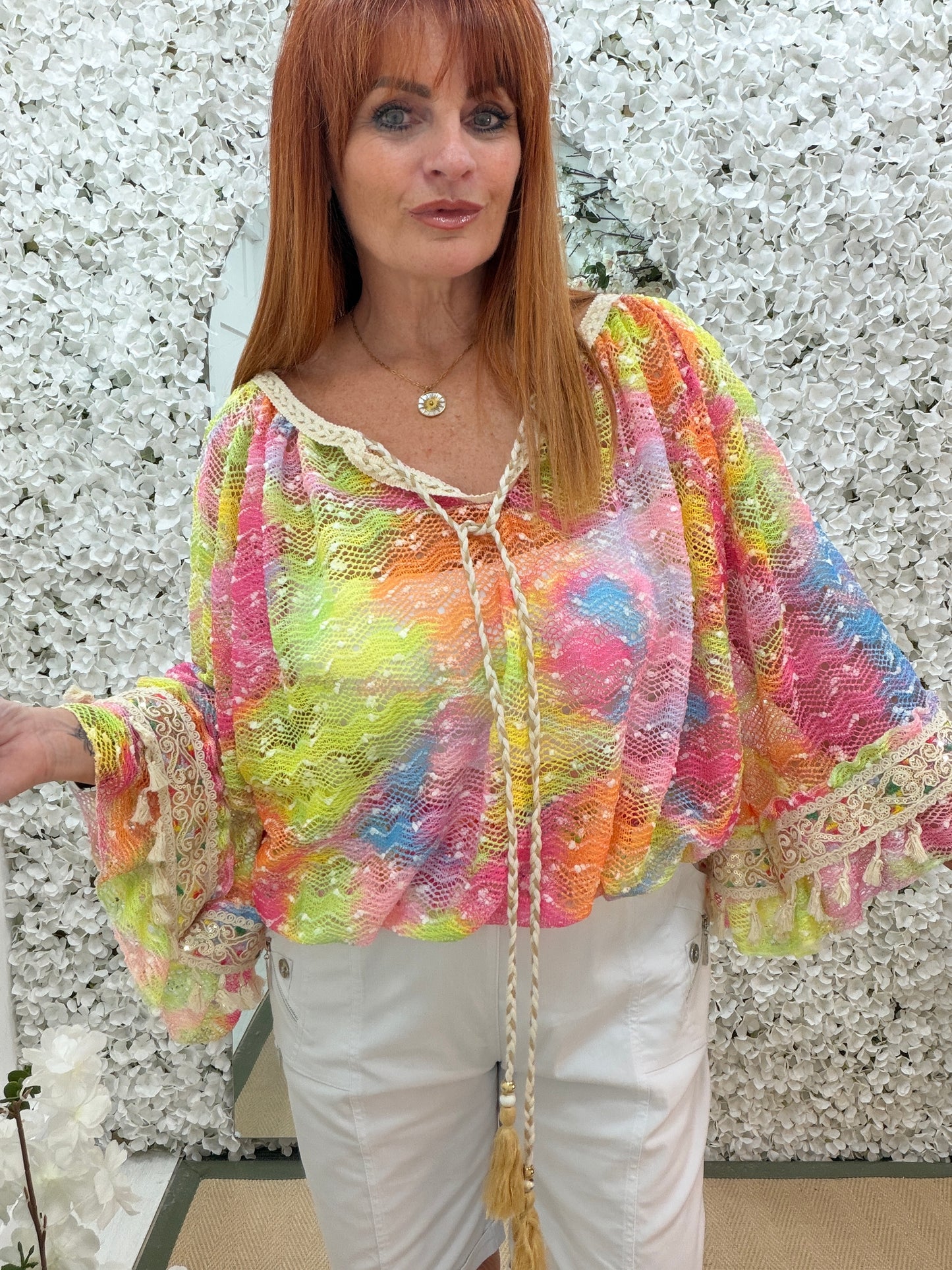 Melissa: Multicoloured bardot style gypsy top. One Sz: 12-18