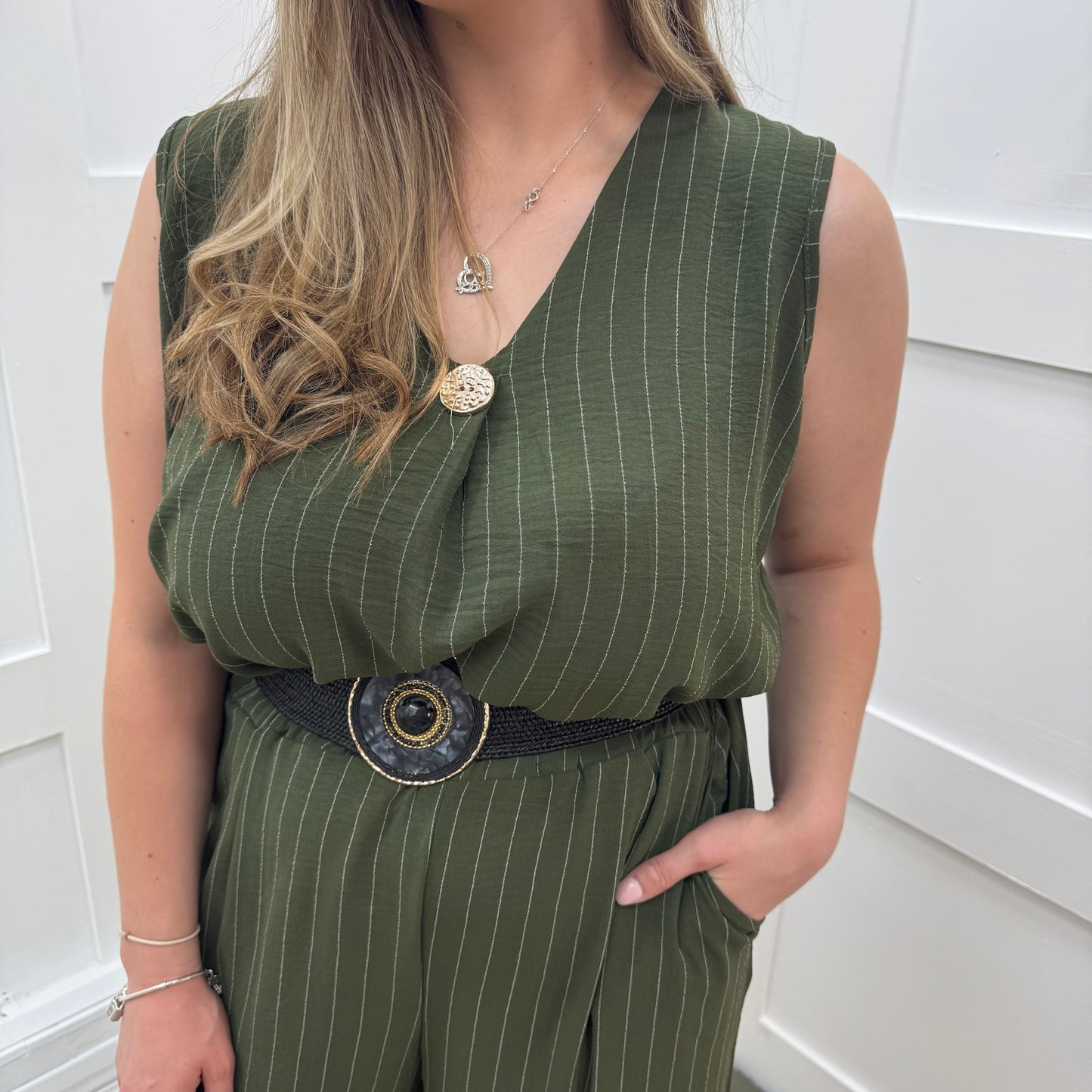 Sasha: Khaki pinstripe v neck top. One size: 16-22